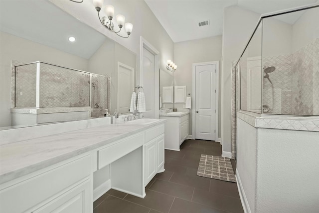 1820 Ficuzza Way, Leander, TX 78641 - bathroom featuring tile patterned floors, a stall shower, and vanity