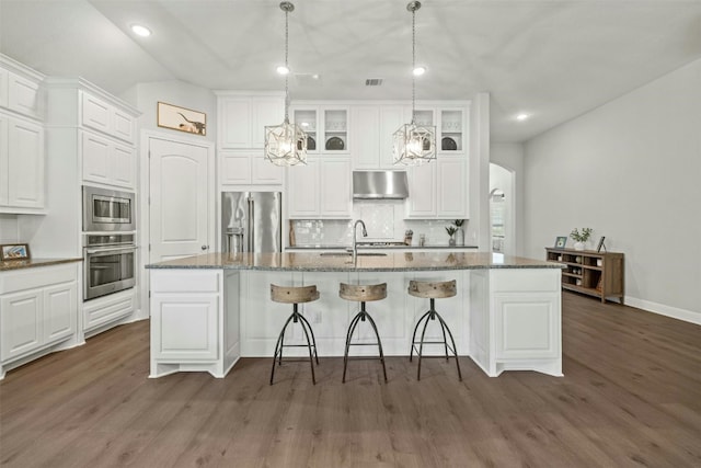 1820 Ficuzza Way, Leander, TX 78641 - kitchen with appliances with stainless steel finishes, under cabinet range hood, a sink, dark wood-style flooring, and recessed lighting
