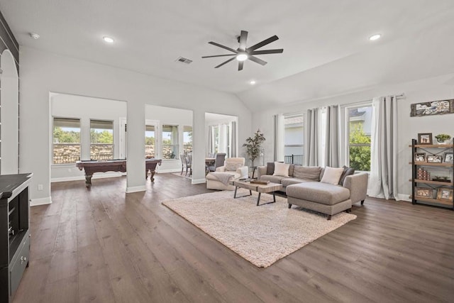 1820 Ficuzza Way, Leander, TX 78641 - living area with pool table, a ceiling fan, dark wood-style floors, baseboards, and lofted ceiling
