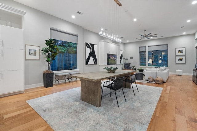 4907 Timberline Dr, Austin, TX 78746 - dining room with light wood-style floors, ceiling fan, recessed lighting, and baseboards