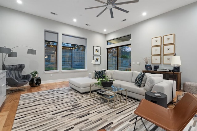 4907 Timberline Dr, Austin, TX 78746 - living area featuring a ceiling fan, light wood-type flooring, recessed lighting, and baseboards