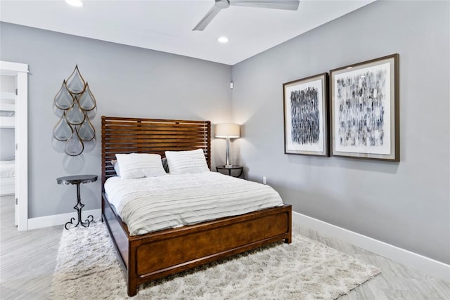 bedroom featuring baseboards, a ceiling fan, and recessed lighting