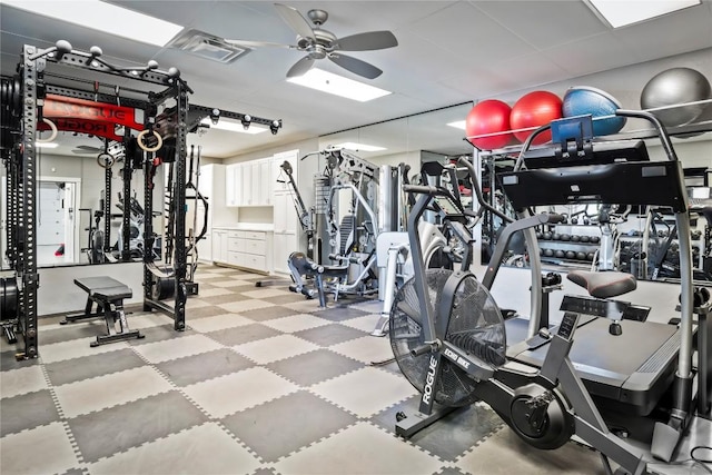 gym featuring visible vents, ceiling fan, and light floors