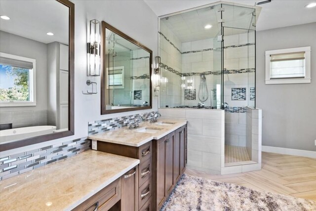 15210 Rainbow One St, Austin, TX 78734 - full bath featuring a stall shower, backsplash, vanity, and recessed lighting