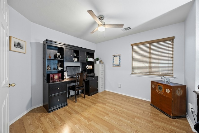 office area featuring baseboards, light wood-style flooring, visible vents, and a ceiling fan