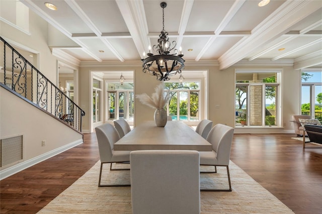 dining space featuring coffered ceiling, wood finished floors, visible vents, and baseboards