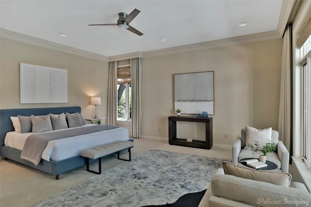 126 Firebird St, Lakeway, TX 78734 - bedroom with carpet flooring, multiple windows, ornamental molding, baseboards, and ceiling fan