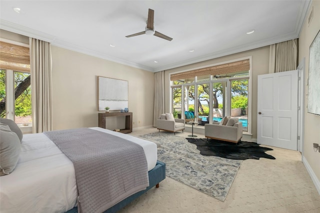 bedroom featuring recessed lighting, a ceiling fan, baseboards, access to exterior, and ornamental molding