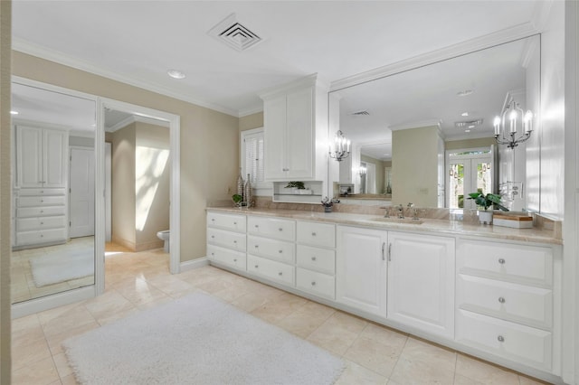 full bathroom featuring tile patterned flooring, visible vents, crown molding, and vanity