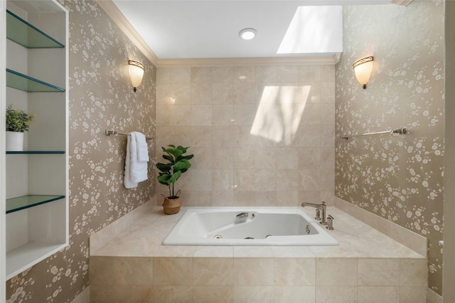 bathroom featuring ornamental molding, a tub with jets, and wallpapered walls