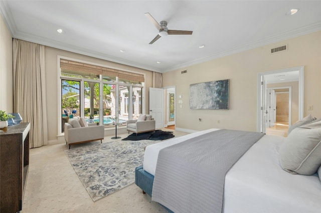 bedroom with ornamental molding, visible vents, and recessed lighting