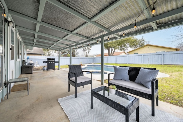 view of patio featuring a fenced backyard, a grill, an outdoor hangout area, and a fenced in pool