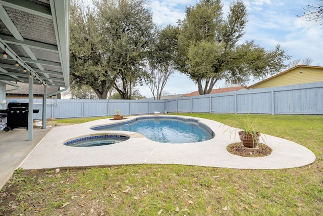 view of pool featuring a fenced backyard, an in ground hot tub, a lawn, grilling area, and a fenced in pool