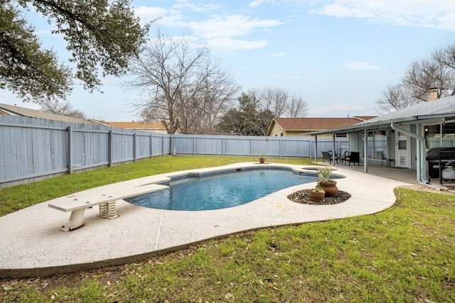 view of swimming pool with a fenced in pool, a yard, a patio, grilling area, and a fenced backyard