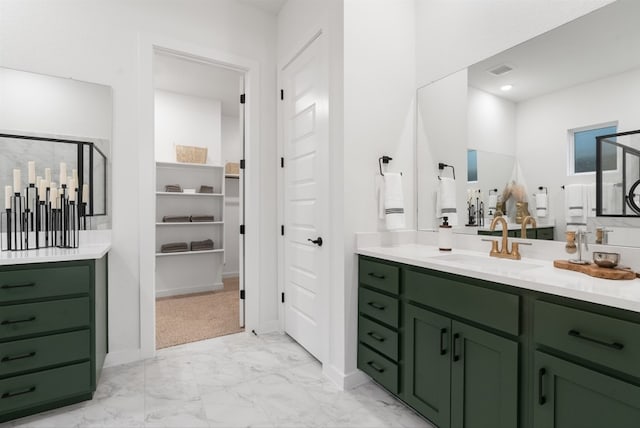 bathroom featuring visible vents, recessed lighting, a closet, marble finish floor, and vanity