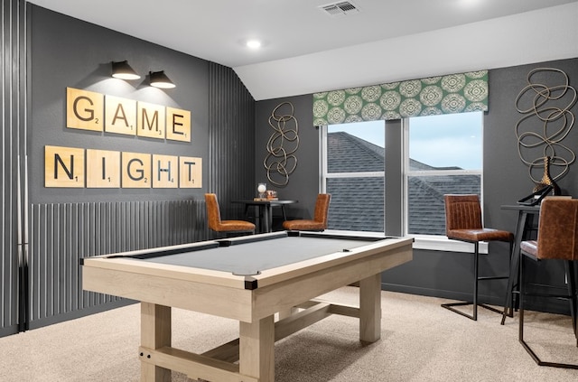 playroom with pool table, lofted ceiling, visible vents, and carpet floors