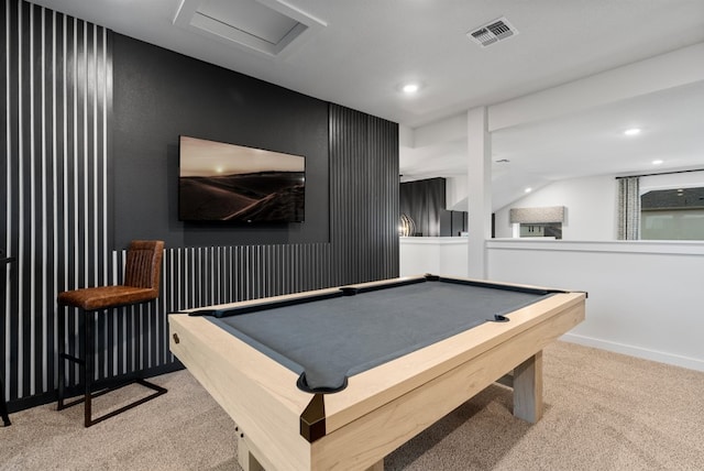 playroom featuring recessed lighting, visible vents, carpet, and billiards