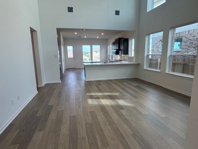 2705 Sage Ranch Dr Unit 24, Leander, TX 78641 - unfurnished living room featuring dark wood-style flooring and a towering ceiling