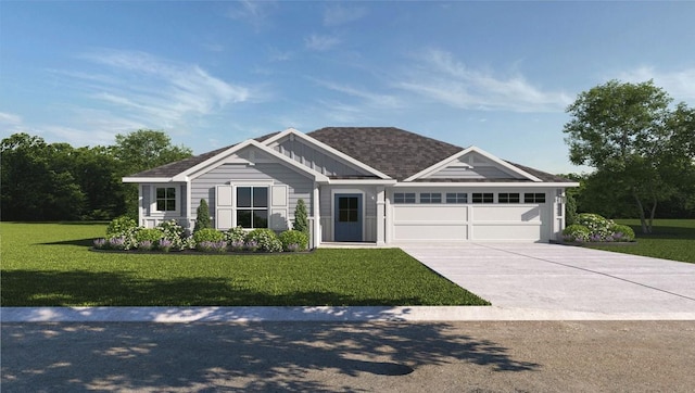 view of front facade featuring a garage, a shingled roof, concrete driveway, and a front yard