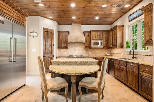 kitchen with built in appliances, premium range hood, wooden ceiling, and a sink