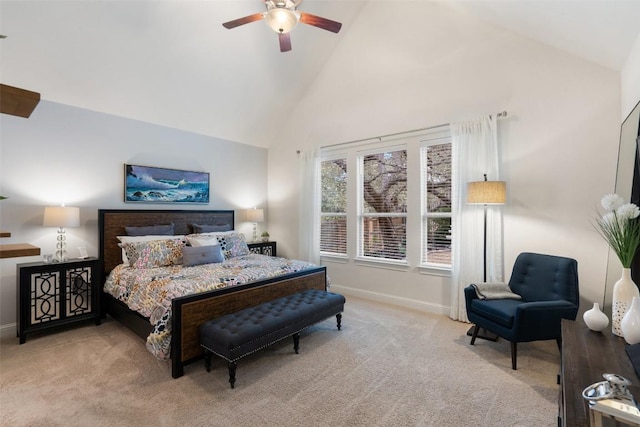 bedroom with light carpet, high vaulted ceiling, ceiling fan, and baseboards