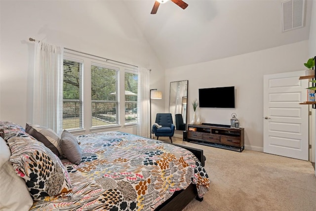 bedroom with visible vents, light carpet, ceiling fan, high vaulted ceiling, and baseboards