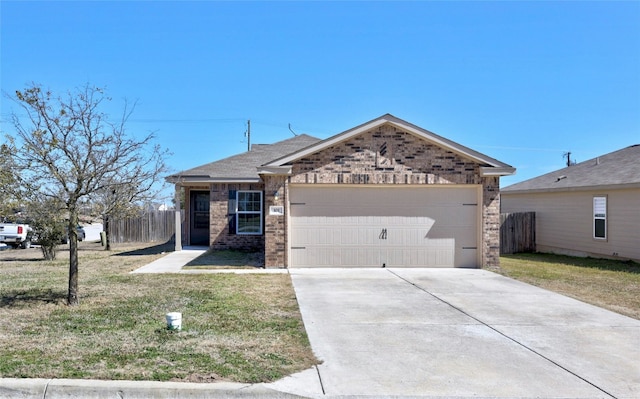 single story home featuring driveway, an attached garage, fence, a front lawn, and brick siding