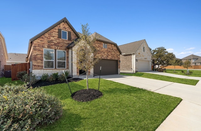 view of front of house with central air condition unit, brick siding, fence, driveway, and a front lawn