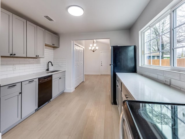 kitchen featuring a sink, light countertops, dishwasher, and gray cabinetry