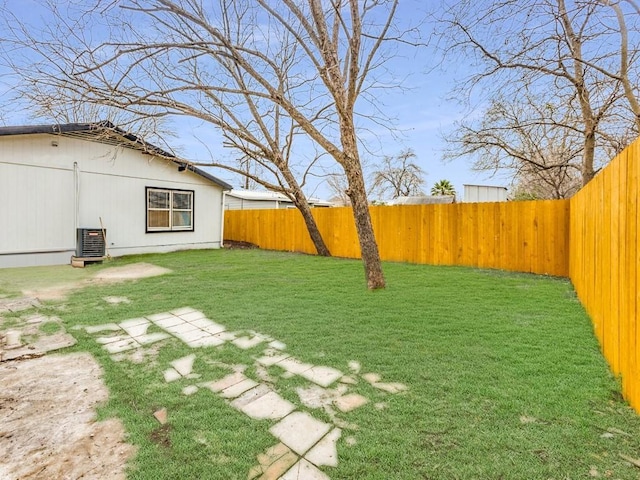 view of yard featuring a fenced backyard and central AC