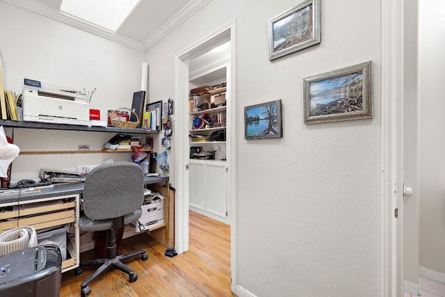 office space featuring light wood finished floors, ornamental molding, and baseboards