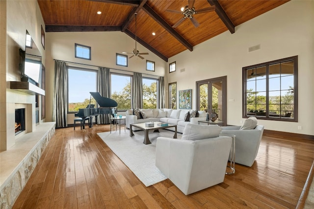 living area with light wood-style floors, wood ceiling, a fireplace, and visible vents