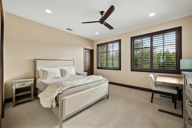 bedroom with recessed lighting, light colored carpet, visible vents, a ceiling fan, and baseboards