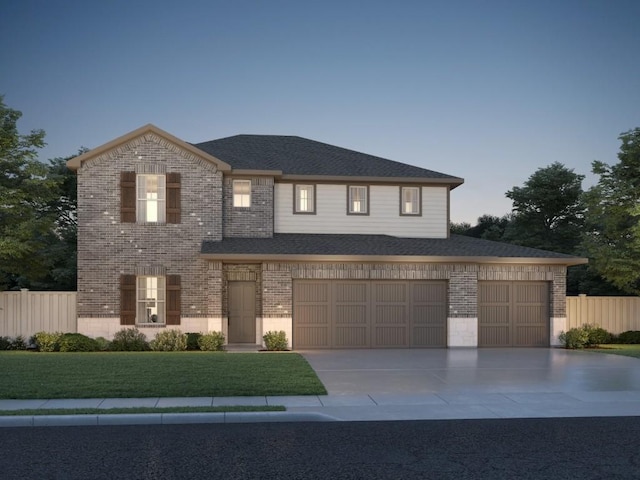 view of front of house with concrete driveway, brick siding, and fence