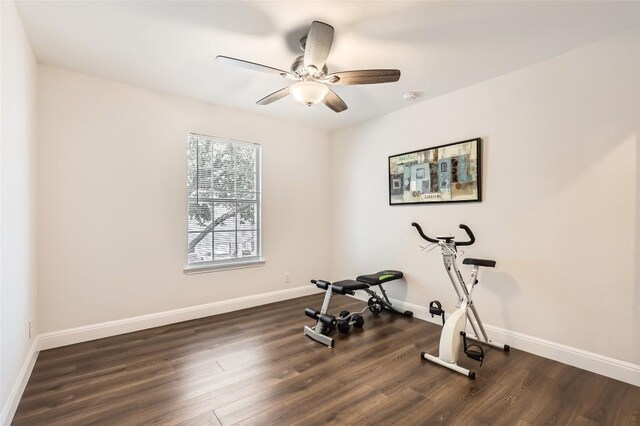 exercise area featuring a ceiling fan, dark wood finished floors, and baseboards