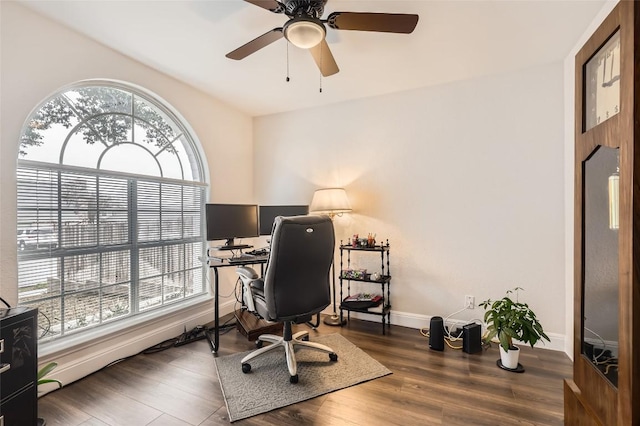 office area featuring dark wood-style floors, baseboards, and a ceiling fan