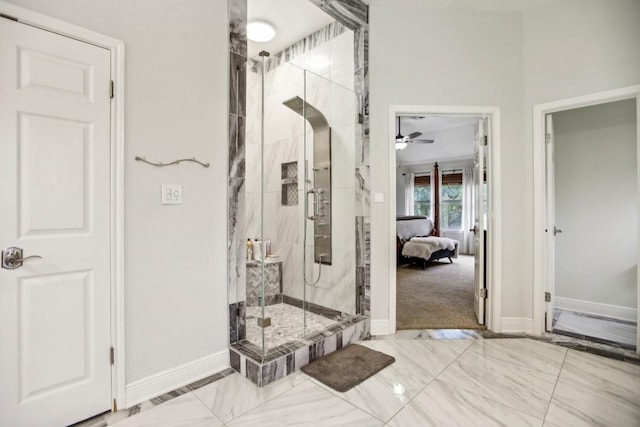 3304 Mulberry Creek Dr, Austin, TX 78732 - bathroom featuring a marble finish shower, ceiling fan, and ensuite bath
