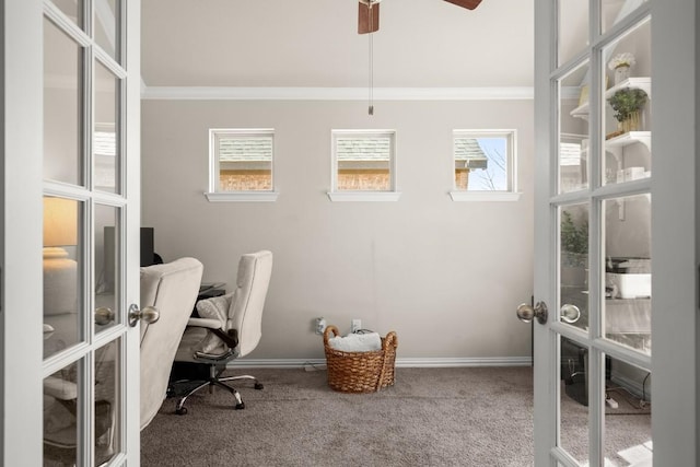 office featuring baseboards, carpet floors, french doors, and crown molding