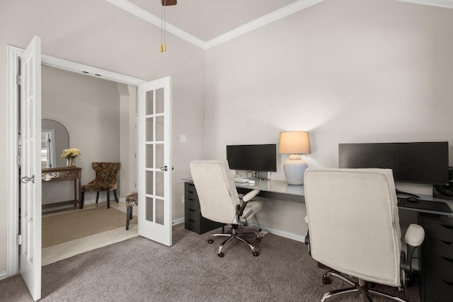 carpeted office with ornamental molding, lofted ceiling, and french doors