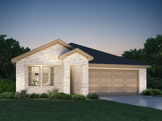 view of front of home with an attached garage, driveway, stone siding, roof with shingles, and a front yard