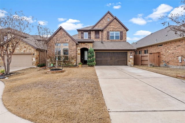 traditional-style house with a garage, brick siding, a shingled roof, fence, and driveway