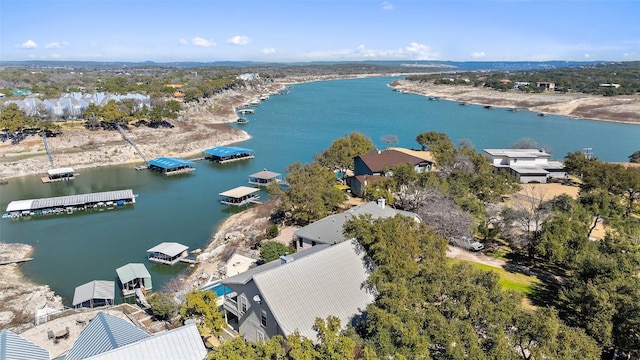 drone / aerial view featuring a water view