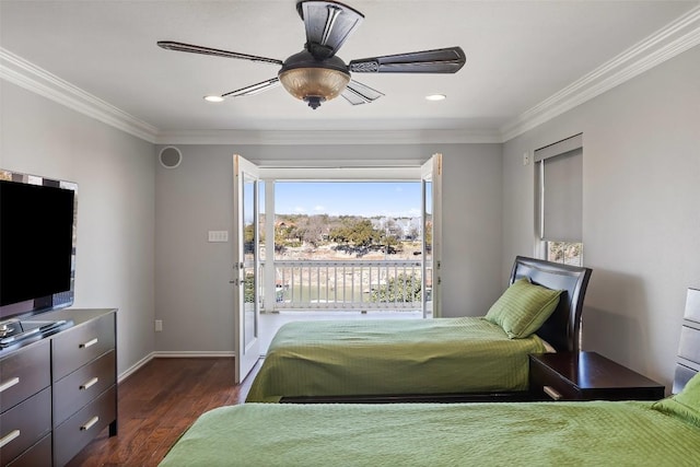 bedroom featuring access to exterior, a ceiling fan, ornamental molding, and dark wood-style flooring