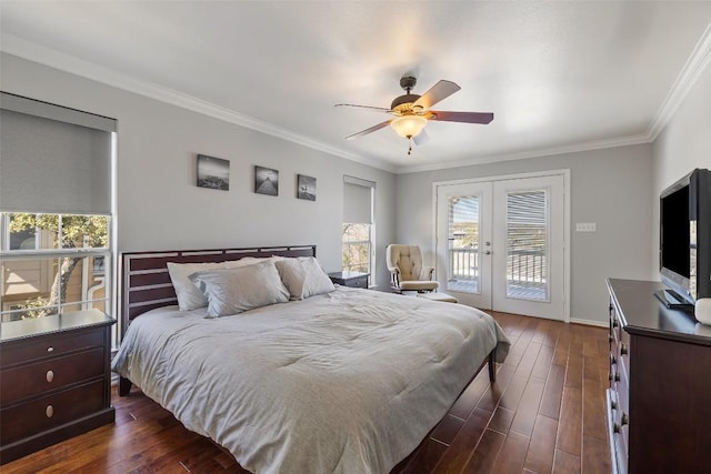 bedroom with ornamental molding, access to outside, dark wood-type flooring, and french doors