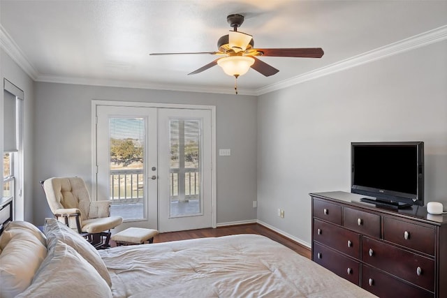 bedroom with access to exterior, french doors, ornamental molding, and wood finished floors