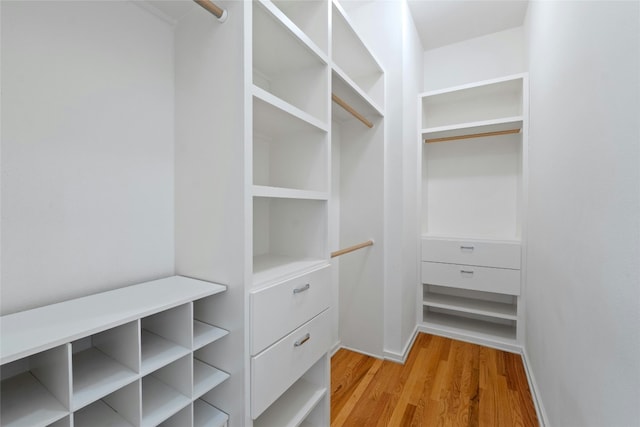 walk in closet with light wood finished floors