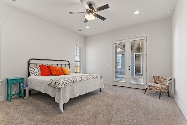 bedroom with visible vents, access to exterior, french doors, carpet floors, and recessed lighting