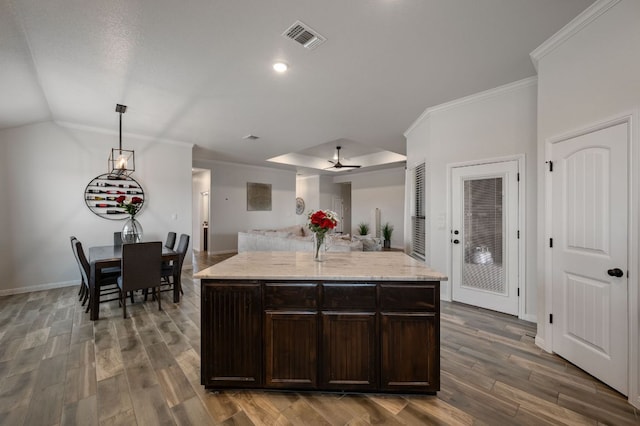 kitchen featuring visible vents, open floor plan, wood finished floors, dark brown cabinets, and pendant lighting