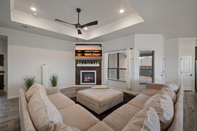 living area featuring a lit fireplace, crown molding, a raised ceiling, and dark wood-type flooring