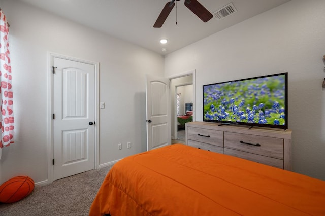 carpeted bedroom with baseboards, visible vents, ceiling fan, and recessed lighting